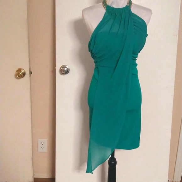 BeBe Elegant Chain Halter Backless Silky Sheer Dress - Picture 2 of 10